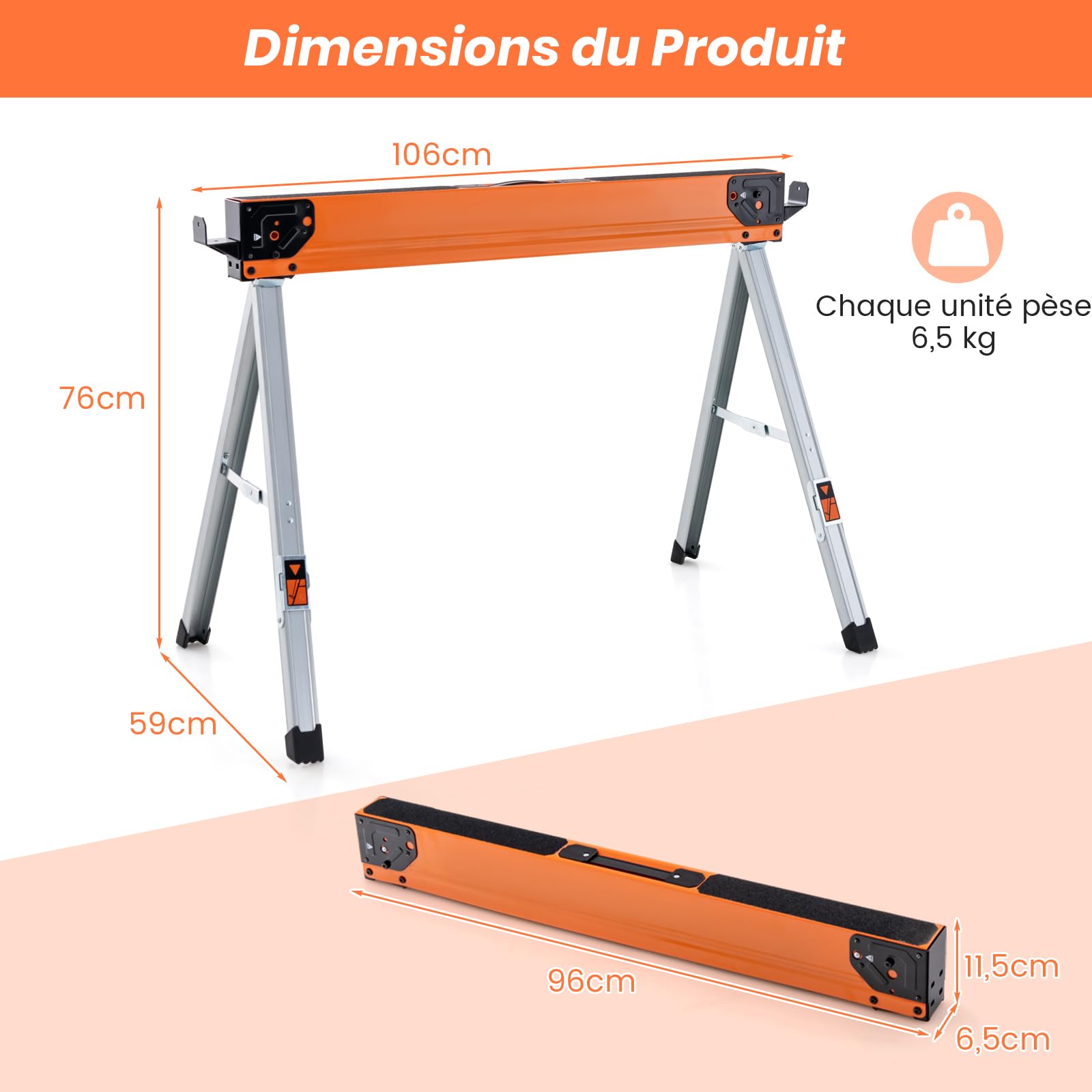 GOLUS Lot de 2 Chevalets de Sciage Pliables, 2 Tréteaux de Scie avec Patins Antidérapants, Structure Triangulaire, Charge Capacité 500 KG, pour Découpe, Sciage, Bricolage(Orange+Argent)