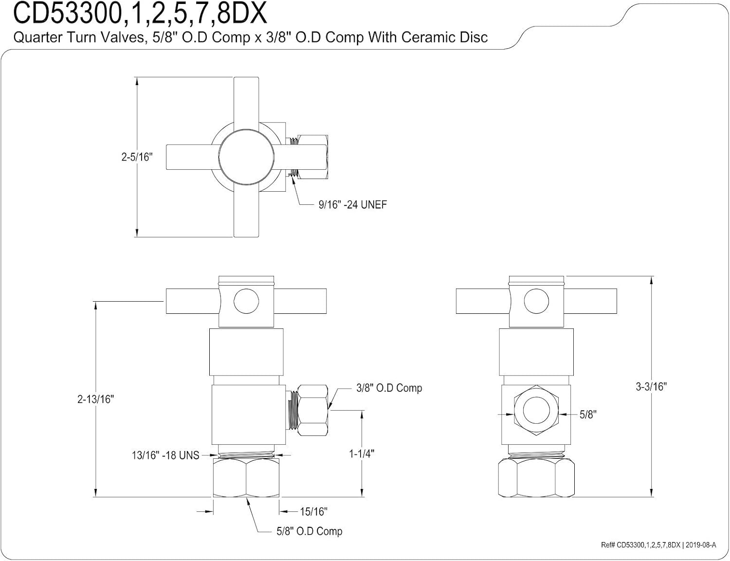 Kingston Brass CD53302DX Concord 5/8" O.D x 3/8" O.D Anti-Seize Deluxe Quarter Turn Ceramic Hardisc Cartridge Angle Stop, Polished Brass