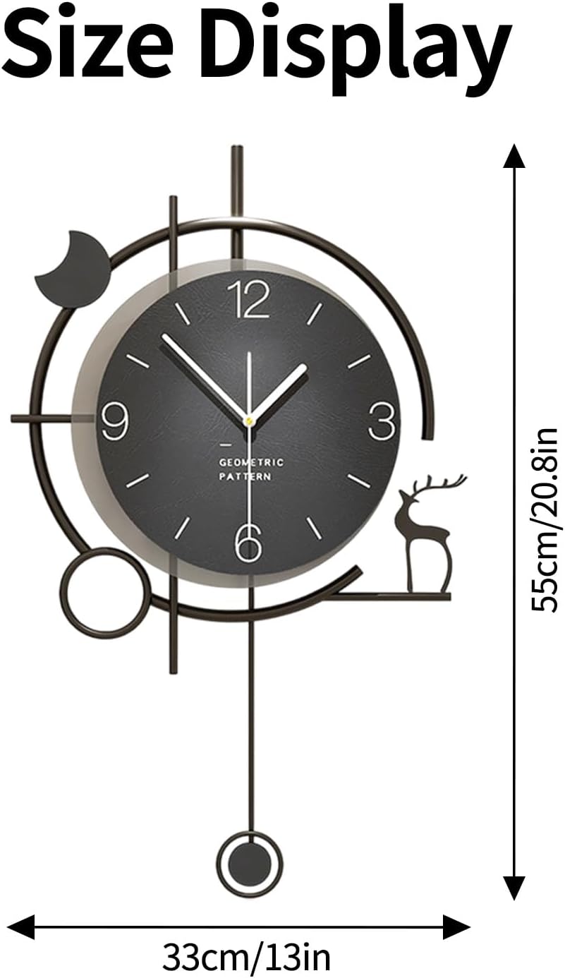 Modern Wall Clock for Living Room,Large Black Decorative Wall Clock with Pendulum Creative Silent Clock Non Ticking Battery Operated for Living Room Kitchen Bedroom Home Wall Decor (20.8x13Inch)