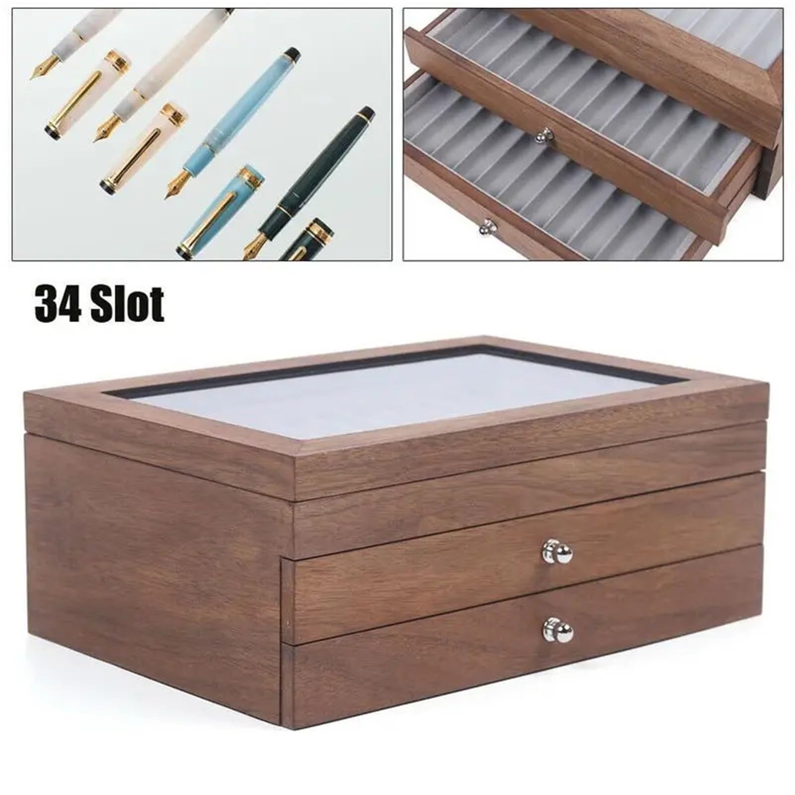 Portapenne da 34 scomparti in legno di noce con cassetto, espositore for cancelleria for studenti Per Ufficio Casa
