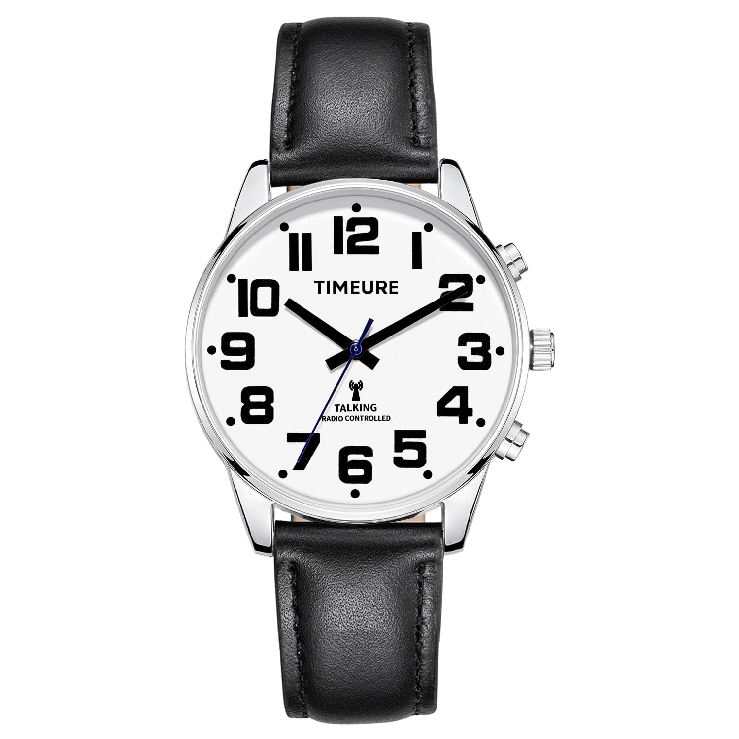 TIMEURE-2309M Sprechende Herren-Funkarmbanduhr mit Analoganzeige | Sprachansage von Uhrzeit und Datum. Automatische Zeitkalibrierung. Alarm und einstellbarer Stundenschlag.