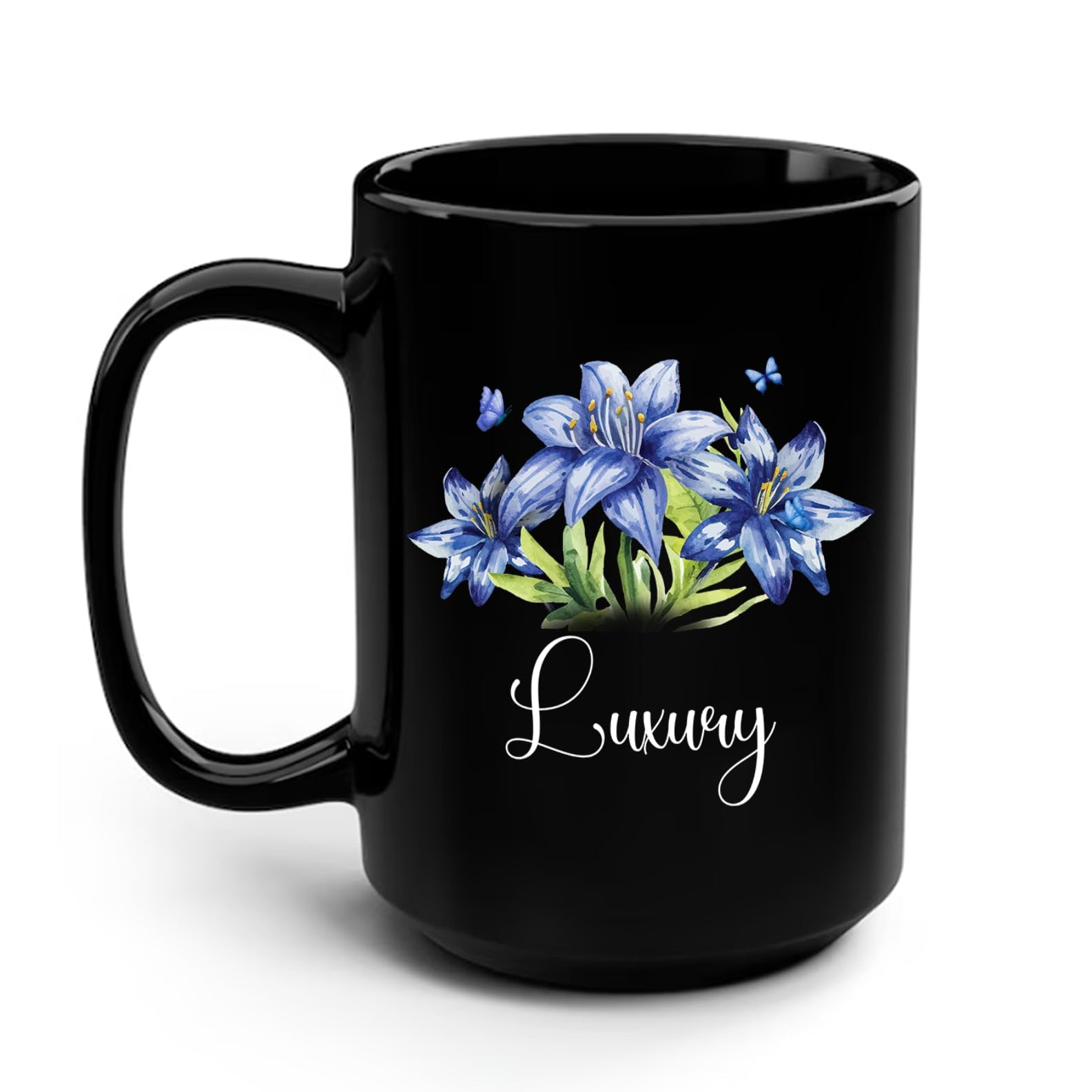 Iris Flower Mug Gift For Iris Lovers, Personalized Floral Iris Coffee Mug, Customized Iris Lovers Name Pottery Cup, Plant Lover Black Ceramic Cup, Novelty Flower Themed Decorative Mugs 11oz 15oz