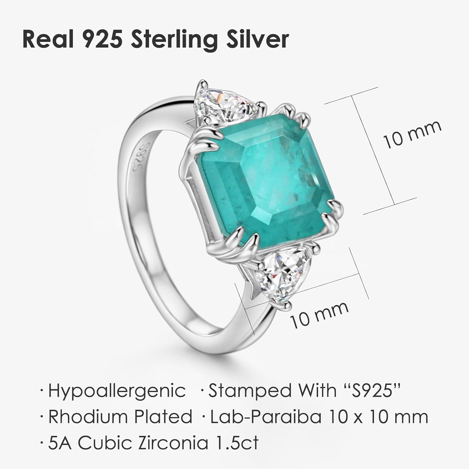 Michooyel 3.75ct Paraiba Promise Ring for Women Asscher Cut Three Stone Cubic Zirconia Statement Ring 925 Sterling Silver Fine Jewelry - Image 3