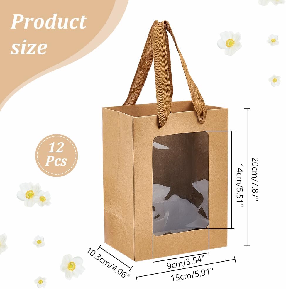NBEADS 12 Pcs Kraft Paper Gift Bags With Clear Window, 7.9x5.9x4.1inch Tote With Handles for Shopping, Birthday, Bridal Shower, Festival Party - Brown, Camel