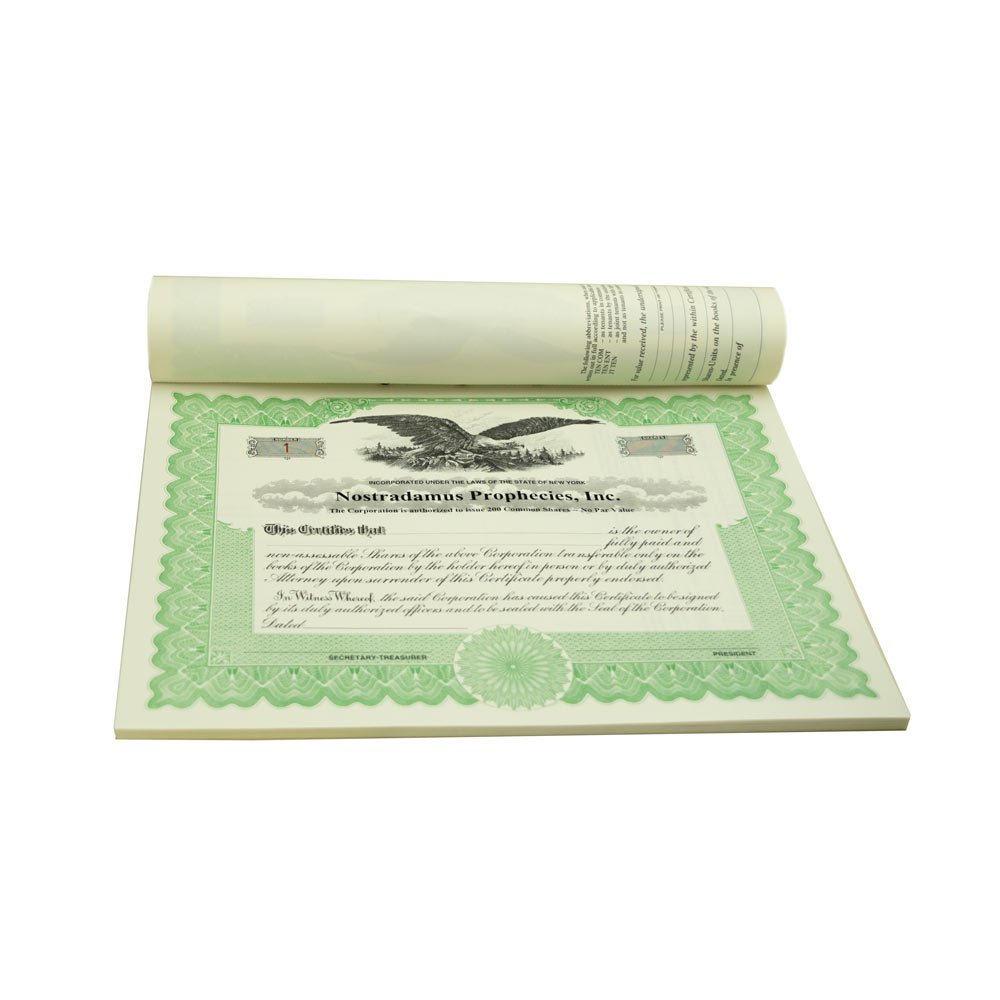 Blumberg Imprinted and Numbered Business Corporation and LLC Certificates (for Corporations, Green Border, Bound)