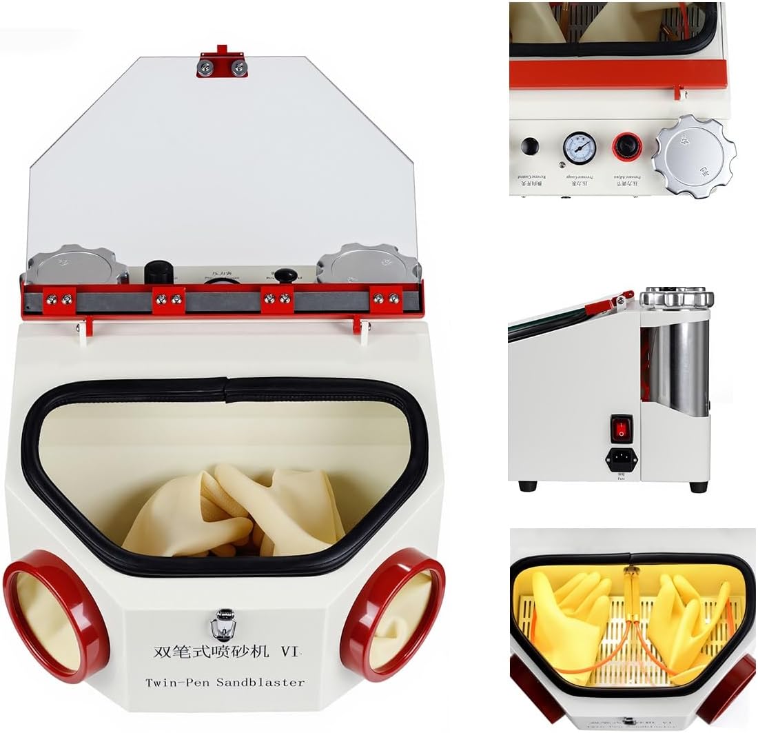 US Dentist Double-Pen Fine Sandblaster Machine Dental Lab Sand Blasting Electric Large View Window Sandblaster Unit with LED Lamp with 2 LED Light + 2 Metal Cups+2 Pen