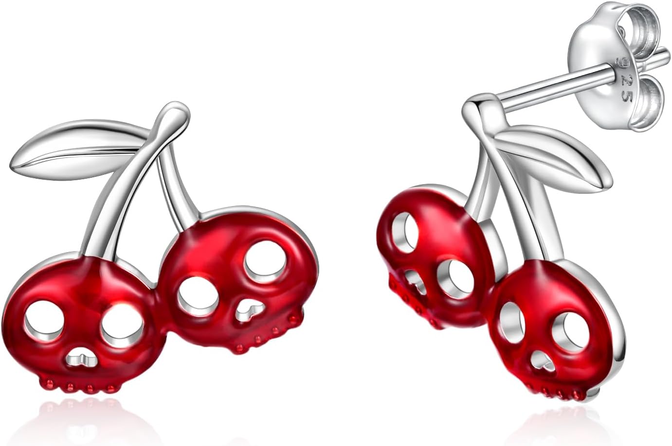 Skull Cherry Stud Earrings - 925 Sterling Silver Red Skeleton Earring Hypoallergenic Halloween Jewelry Gifts for Women
