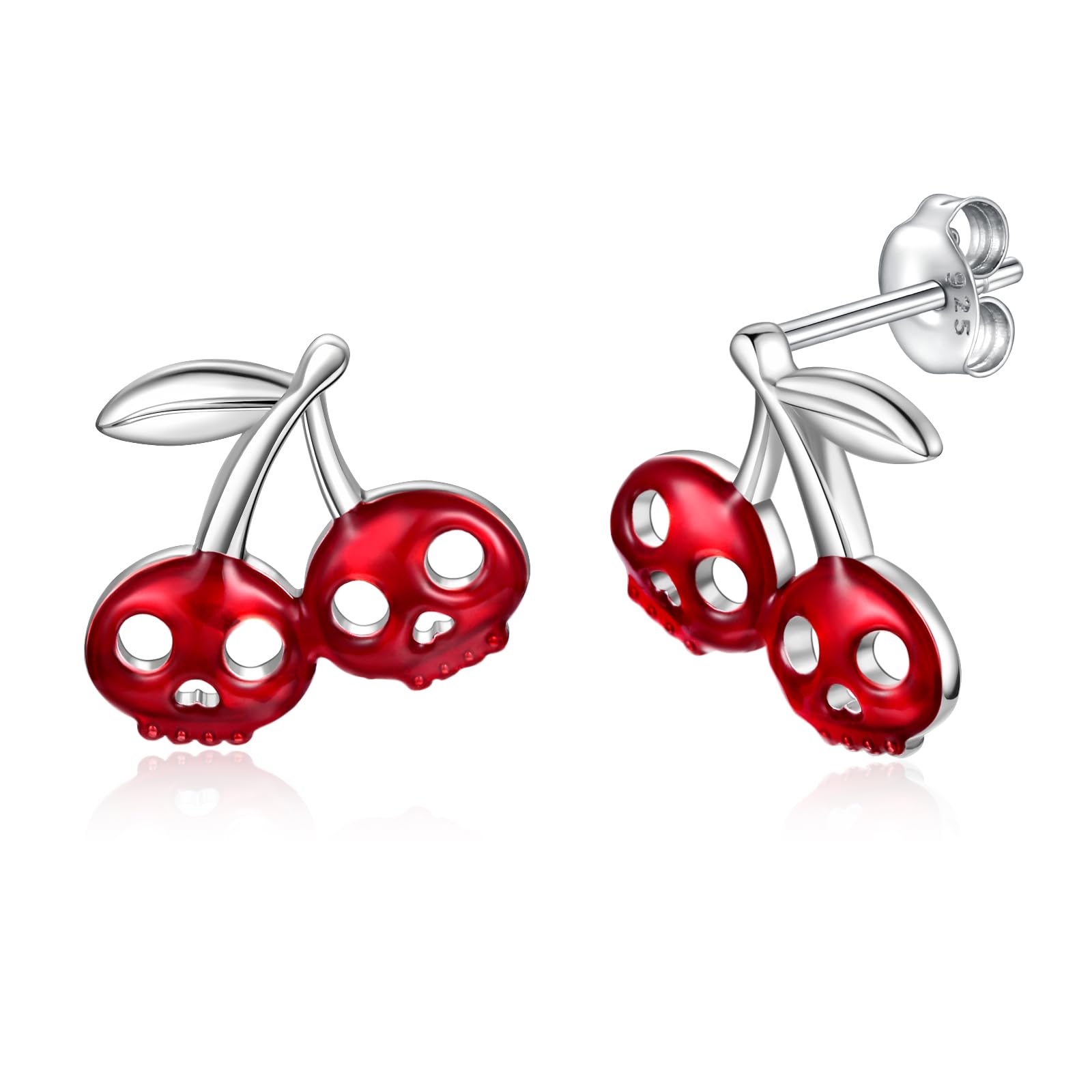 Skull Cherry Stud Earrings - 925 Sterling Silver Red Skeleton Earring Hypoallergenic Halloween Jewelry Gifts for Women