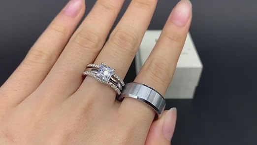 SHELOVES Wedding Ring Set For Couples – Women's Cubic Zirconia Sterling Silver, Men's Blue Tungsten Band, His & Hers Set