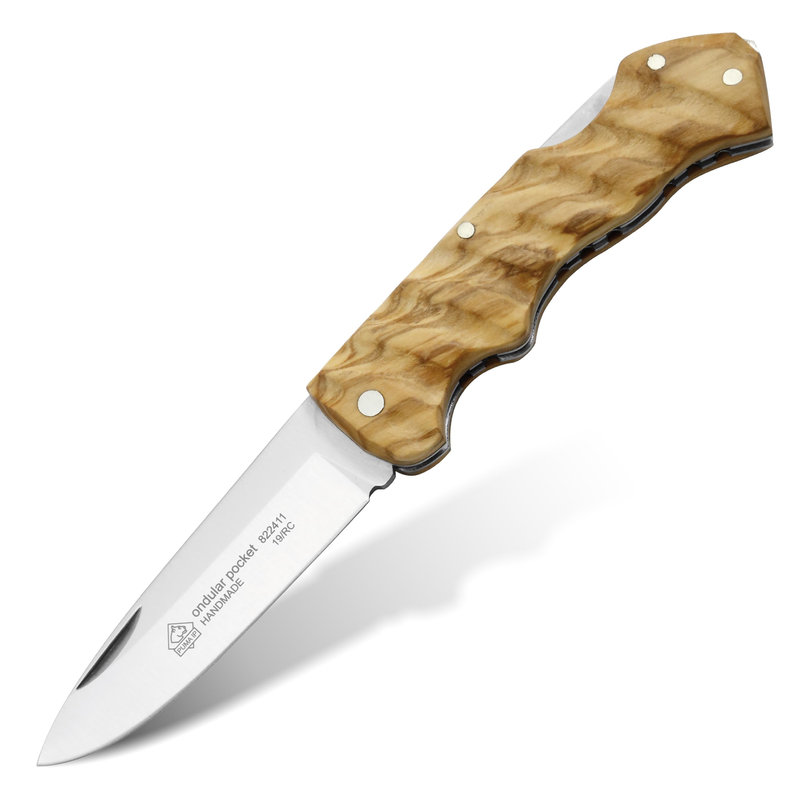 PUMA IP – Taschenmesser Ondular Pocket Olive - Klappmesser - 83mm Klinge aus AN.58 Stahl (58-59 HRC) - Handgefertigt - Griff aus echtem Olivenholz (Art.Nr.: 822411)