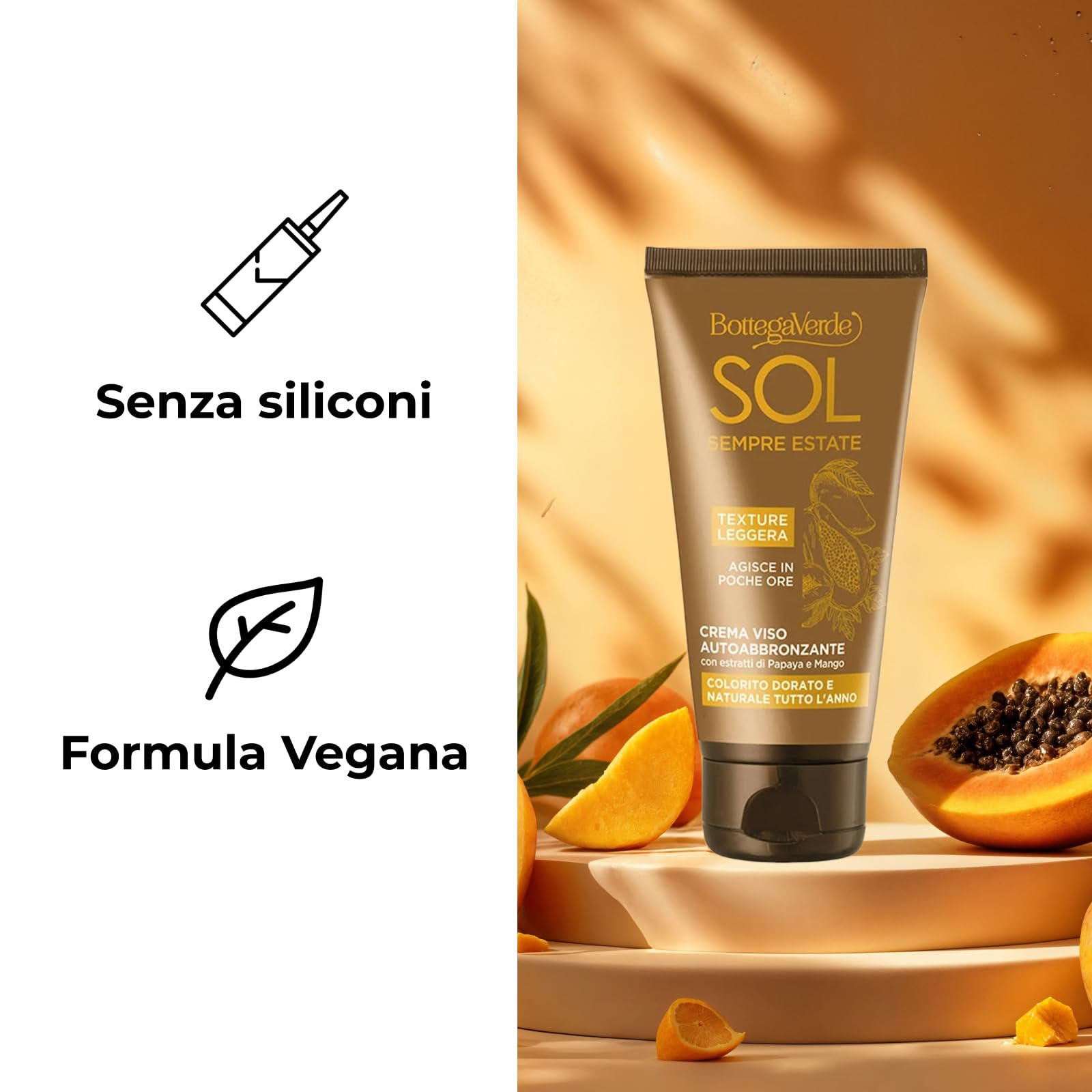 Bottega Verde - SOL Crema Autoabbronzante Viso - Effetto Naturale - Crema autoabbronzante per un colorito naturale e luminoso - 50 ml