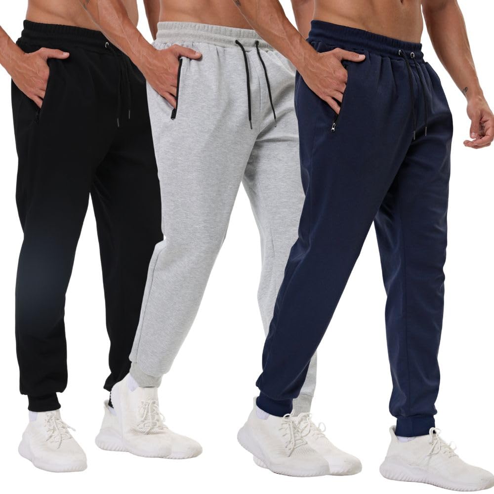 Bsrpolry Confezione da 3 pantaloni sportivi da uomo con tasche con cerniera, pantaloni da allenamento da palestra per corsa e jogging