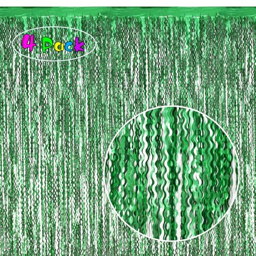 4Pcs Wavy Green Fringe Backdrop -3.3x6.6ft Green Streamer Foil Curtains for Jungle Party Decorations | St Patricks Day Decorations | Football Decorations | Xmas