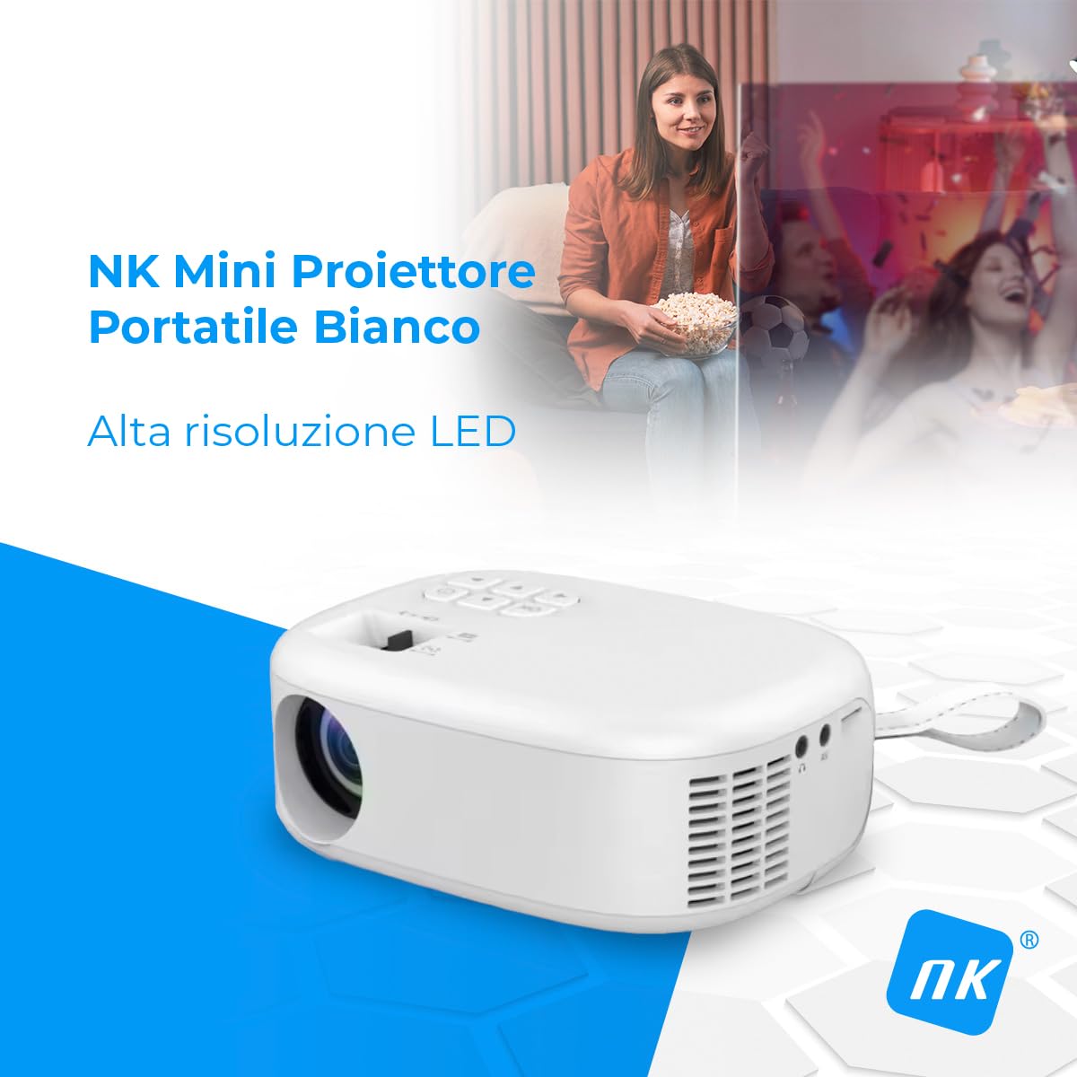 NK Mini proiettore portatile supporto 1080P e 6.500 lumen - Alta risoluzione LED, altoparlante integrato, ingresso USB, HDMI, AV, auricolare, dimensioni 30"-120", compatibile cellulare, tablet, PC,