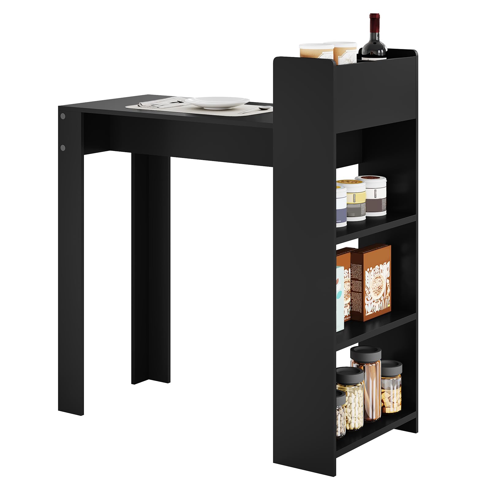 WOLTU Mesa de Bar, Mesa Cocina Alta, Mesa Comedor con Almacenamiento, Mesa de Bistro Elegante, 2 Compartimentos Abiertos y 3 estantes, 110X48X120 cm, Negro