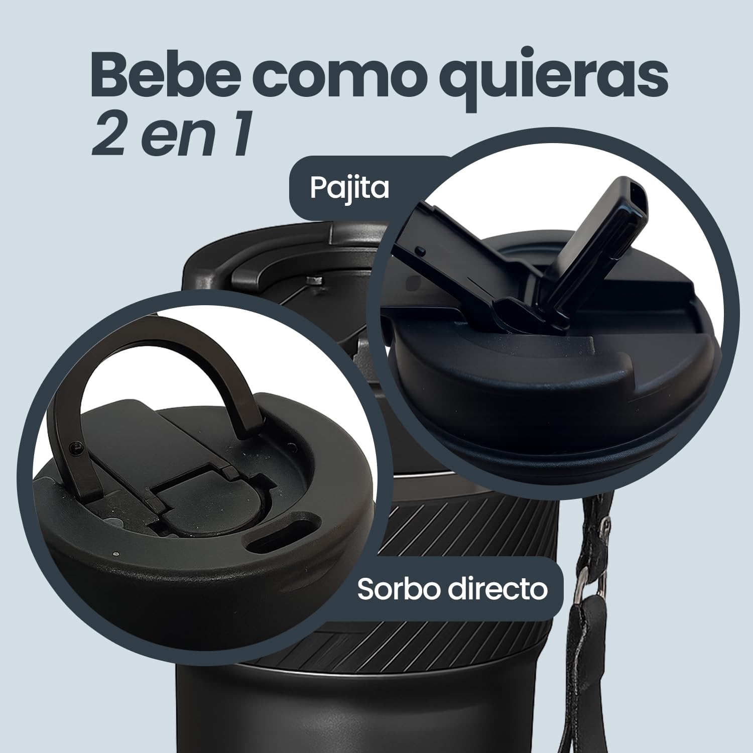 Gobelet isotherme pour café chaud et froid, 500 ml, acier inoxydable avec revêtement en céramique, double paroi sous vide, sangle de transport et 2 façons de boire