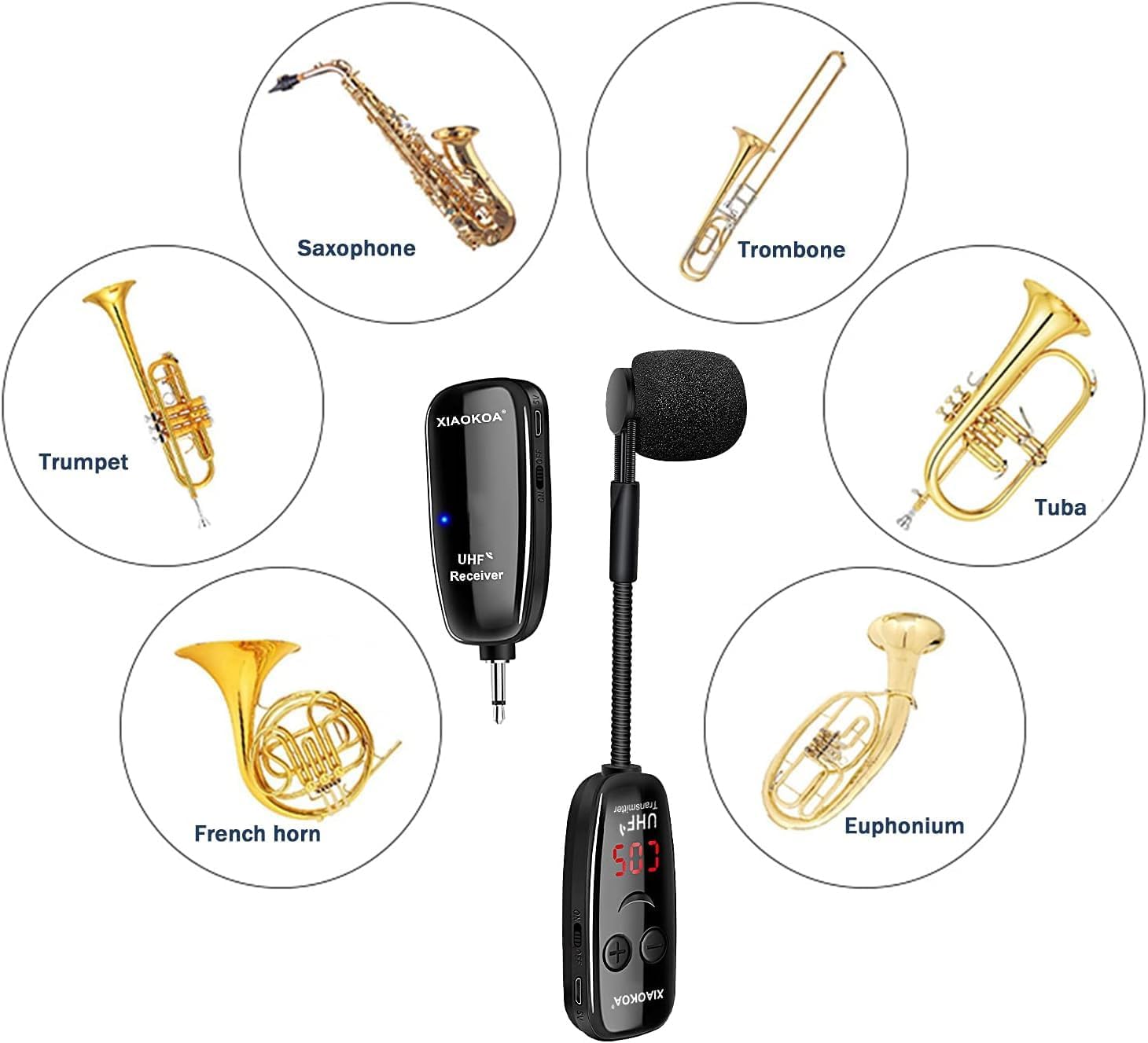 XIAOKOA Wireless Microphone for Saxophone, UHF Wireless Microphone for Musical Instruments, Wireless Receiver and Transmitter for Saxophone/Trumpet/Trombone/Clarinet