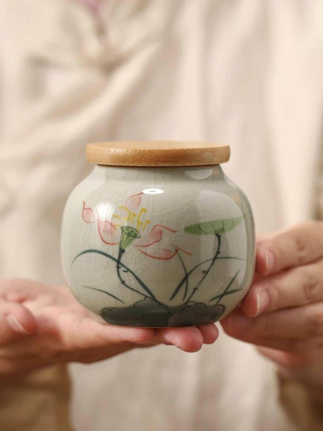 Hand-drawn Ceramics Tea Caddy, 200ml 6.8oz, Underglaze Color Chinese Style Sealed Jar