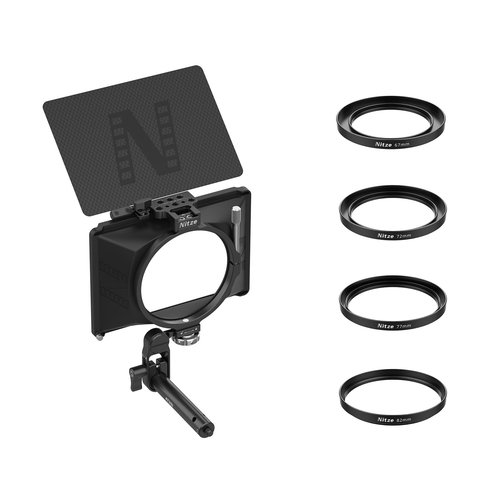 Nitze Mini Matte Box, with Carbon Fiber Top Flag, 15mm Rod and Rod Clamp, 4 Lens Adapter Rings (Φ67/72/77/82mm), Compatible with 4 x 5.65 Filter -