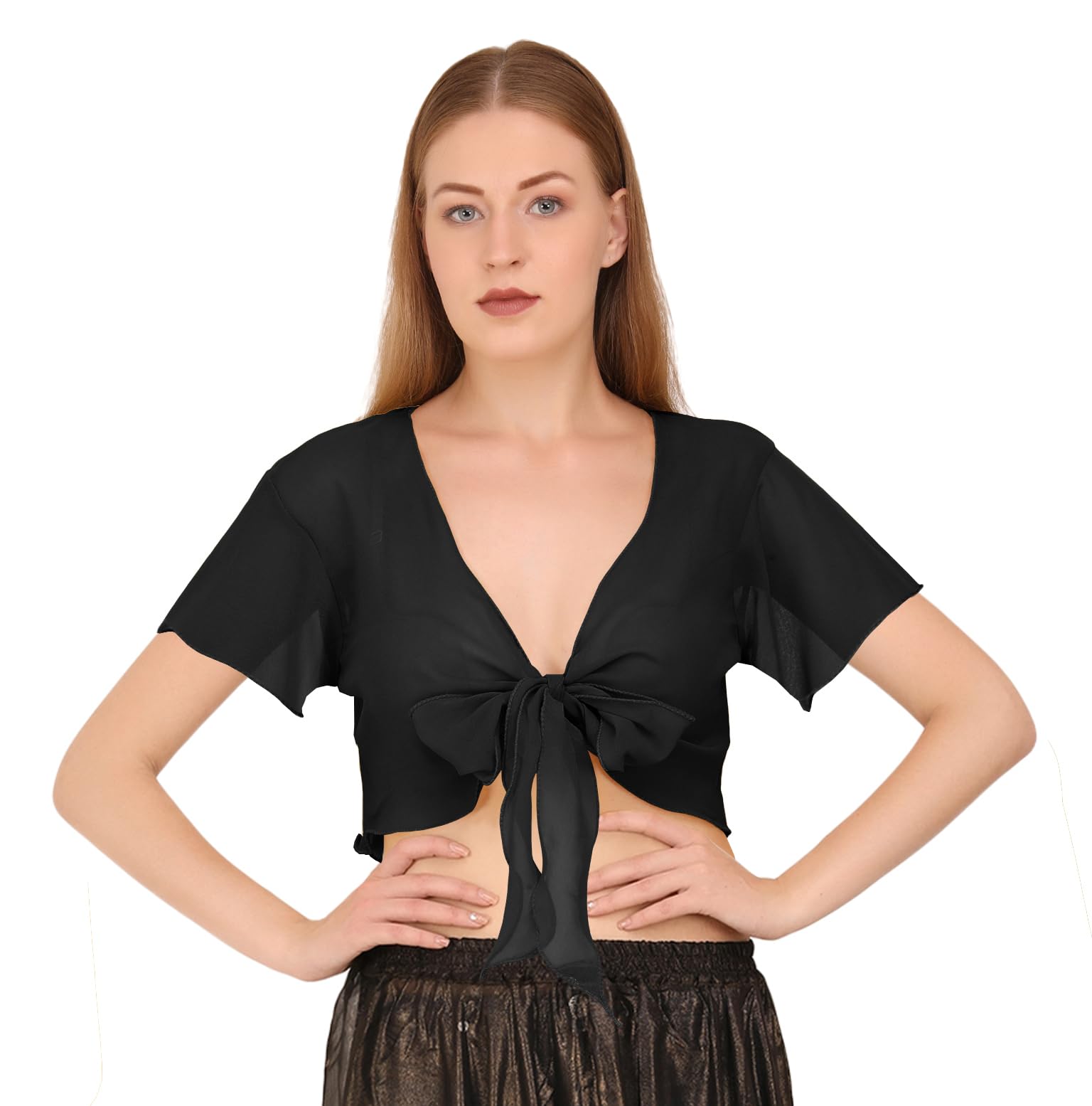 Indian Trendy Women's Chiffon Short Sleeve Tie Top Choli Blouse Belly Dance Gypsy Tie Front Cardigan Tops