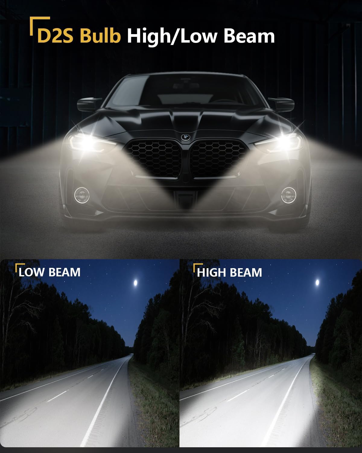D2S HID Bulbs 4300K Yellow-White Light, 35W High/Low Beam D2S Headlight Bulb Replacement - Pack of 2 | IP67 Waterproof HID Bulbs, All-Weather Safety for Rain & Snow Driving