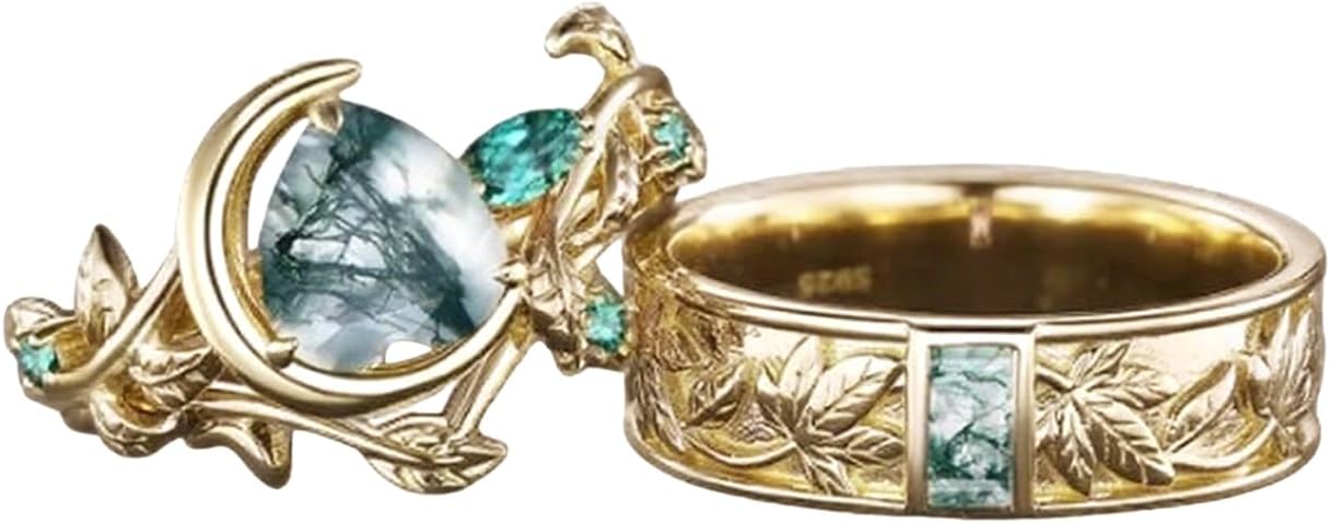 Silwan Natural Moss Agate Couple Rings Set S925 10K 14K 18K Gold Matching Engagement Ring Leaf Vine Nature Inspired Bridal Wedding Band Sets 2PCS for Women and Men Her and Him