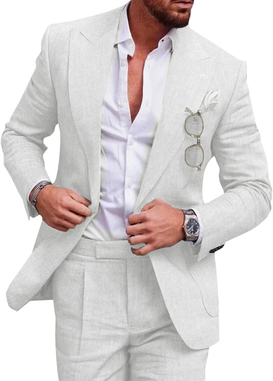 Herren Leinenanzug Slim Fit 2-teilig Strand Hochzeit Anzug Sommer Casual Blazer Hosen Set, Lavendel, 50