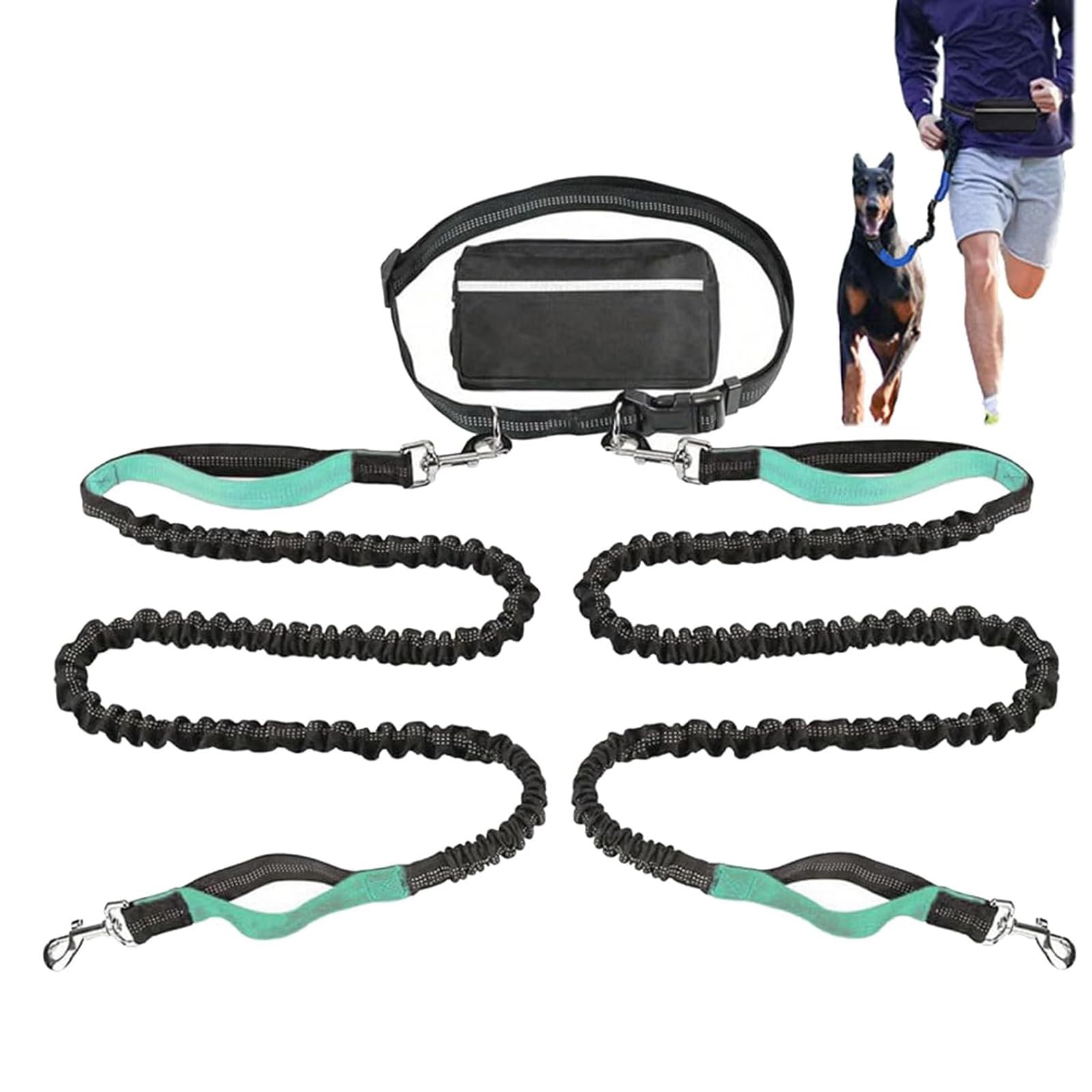 Laisse mains libres Upliftjoys double poignée rembourrée bleu ciel avec pochette zippée