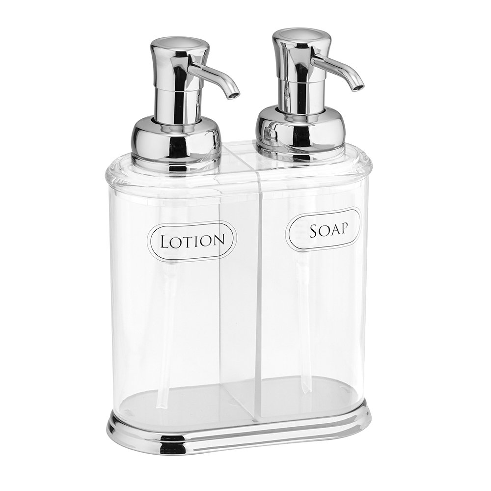 iDesign York BPA-Free Plastic Refillable Dual Soap and Lotion Dispenser - 5.75" x 2.75" x 8.25", Clear/Chrome
