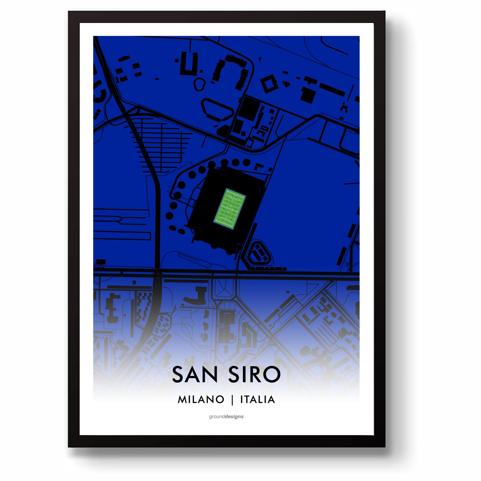 Grounddesigns Men's Blue And Black Internazionale Milano Football Gift San Siro Stadio Giuseppe Meazza Italia 90 Stadium Art Map Unframed A3 Print Inter Milan