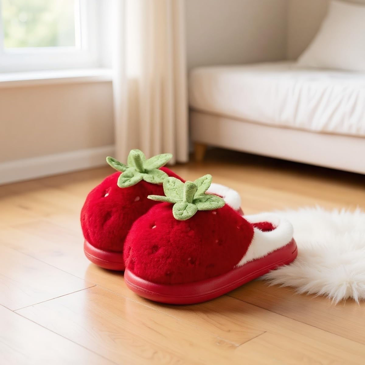 Strawberry Fuzzy Slippers for Women Platform Thick Sole Slip-on College Trendy Indoor Outdoor Comfortable Plush Cozy Cute Kawaii image 3