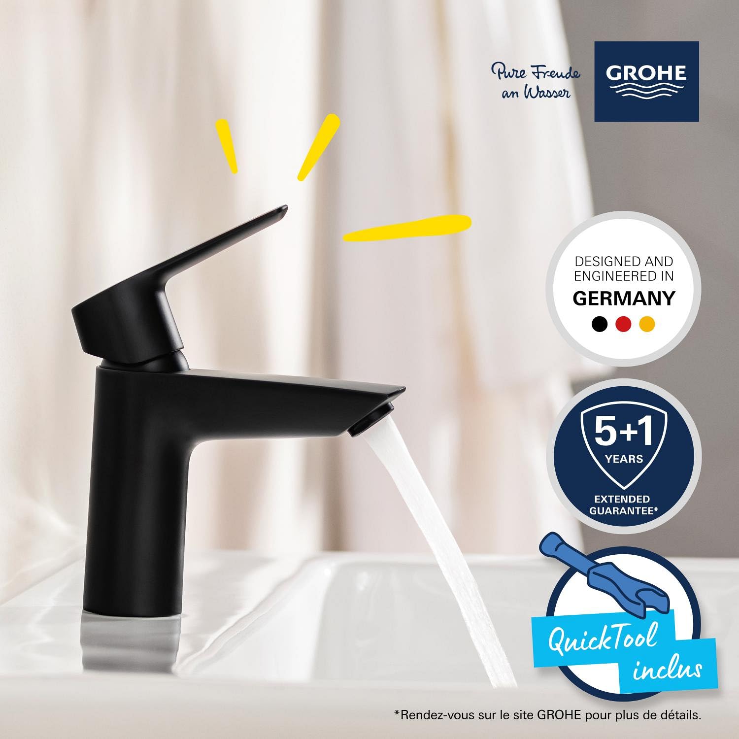 GROHE QUICKFIX Start Robinet de salle de bains lavabo, mousseur économie d'eau, sans tirette, bonde clic clac incluse, installation et nettoyage facile, taille S, noir mat, 235512432