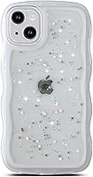 Vista 58 de Qokey para iPhone 14 Plus Funda de 6.7" con diseño de borde ondulado rizado, transparente, con purpurina, brillo, estrellas, brillante, lindo