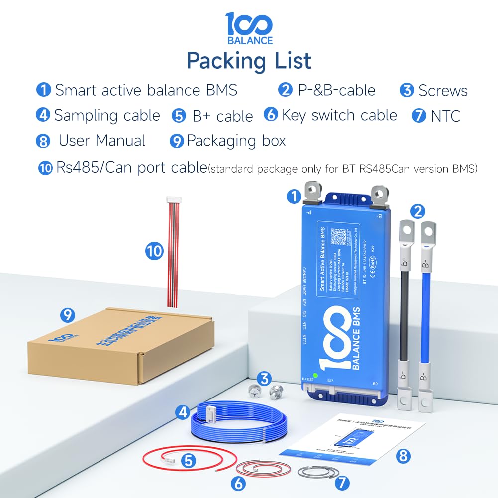 100BALANCE-Smart BMS Voll funktionsfähige Lithium-Batterieschutzplatine für Batterielade-/Entladesteuerung mit aktivem Balancing Bluetooth-Kommunikation (RS485/CAN+BT+UART, 100A 8-17S)