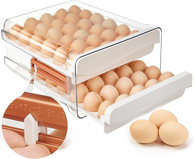 SPACY MAYA Egg Storage Container for Refrigerator,60 Egg Holder for Refrigerator,Large Capacity Egg Organizer for Refrigerator,Stackable Egg Drawer,Egg Tray With Time Scale,Fridge Organizer