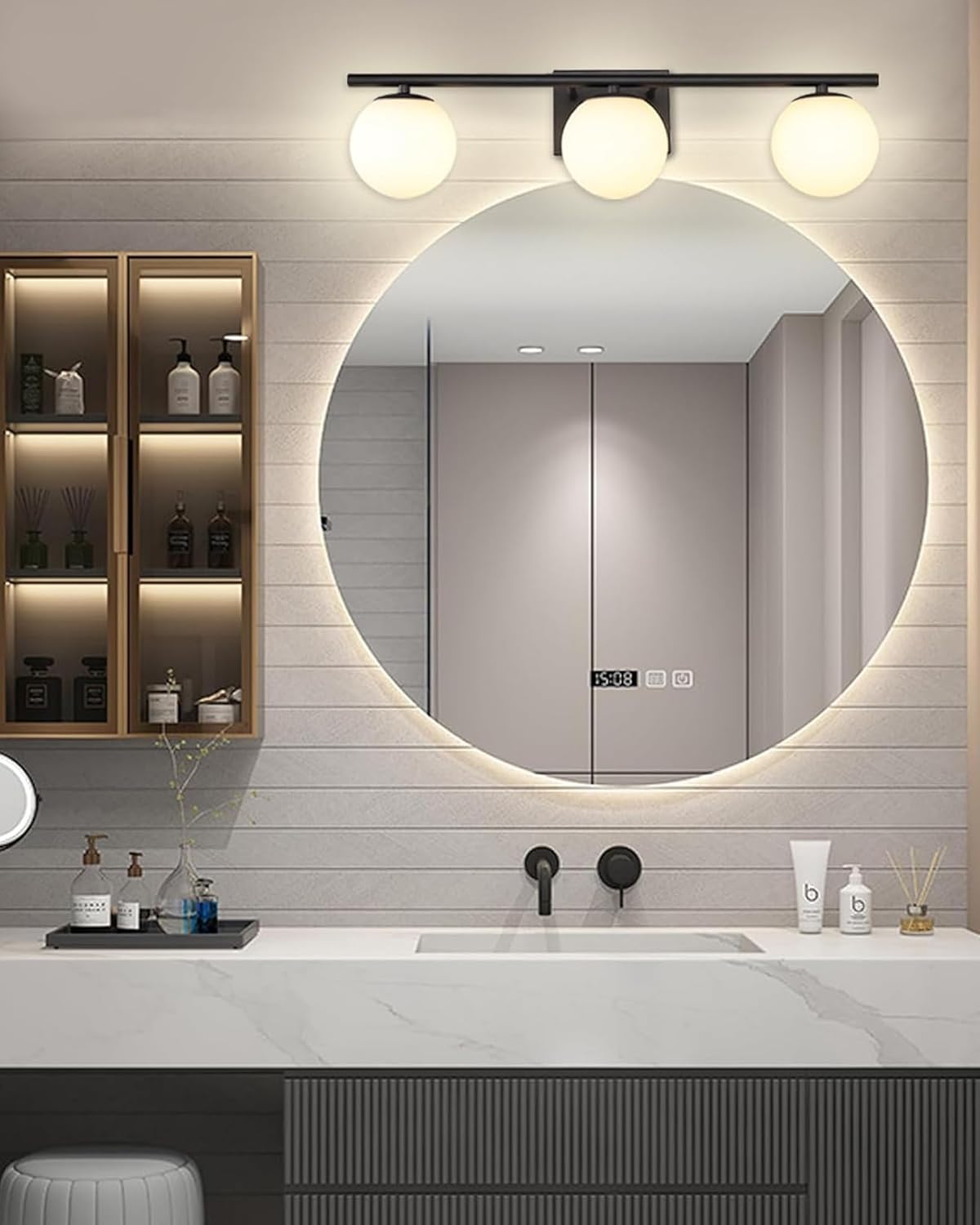 New Bathroom Vanity Light Fixtures 3 Lights Brushed Black Milk White Globe Glass Shade Modern Wall Bar Sconce Over Mirror (Exclude G9 Bulb)