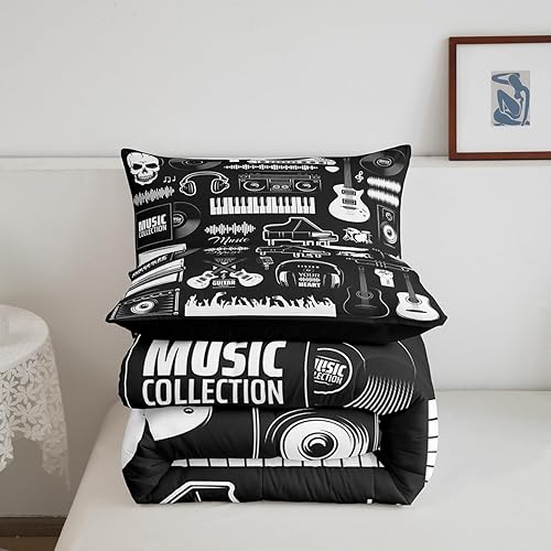 Miniatura 5 de Juego de edredón de disco de vinilo antiguo, juego de ropa de cama de guitarra eléctrica, juego de ropa de cama individual, trompeta vintage con