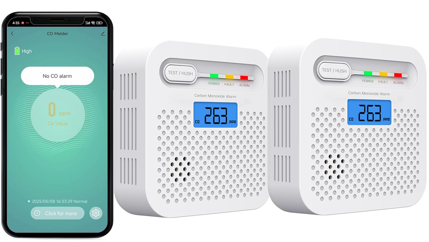 WLAN Kohlenmonoxidmelder mit App, CO Melder ohne Hub, Echtzeit-Benachrichtigung aufs Handy, 10 Jahre Batterie, EN 50291 Geprüft, LCD Display, 85 dB Alarm, Kohlenmonoxid Warnmelder für Zuhause, 2 Stück