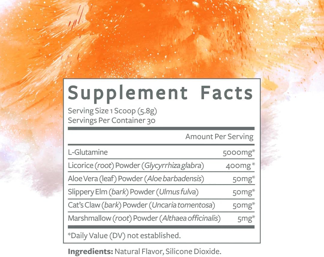 Gut Integrity L-Glutamine Powder, 5g Per Serving with Aloe, Slippery Elm & Marshmallow Root, Gut Lining & Digestive Comfort Support, Unflavored, 30 Servings