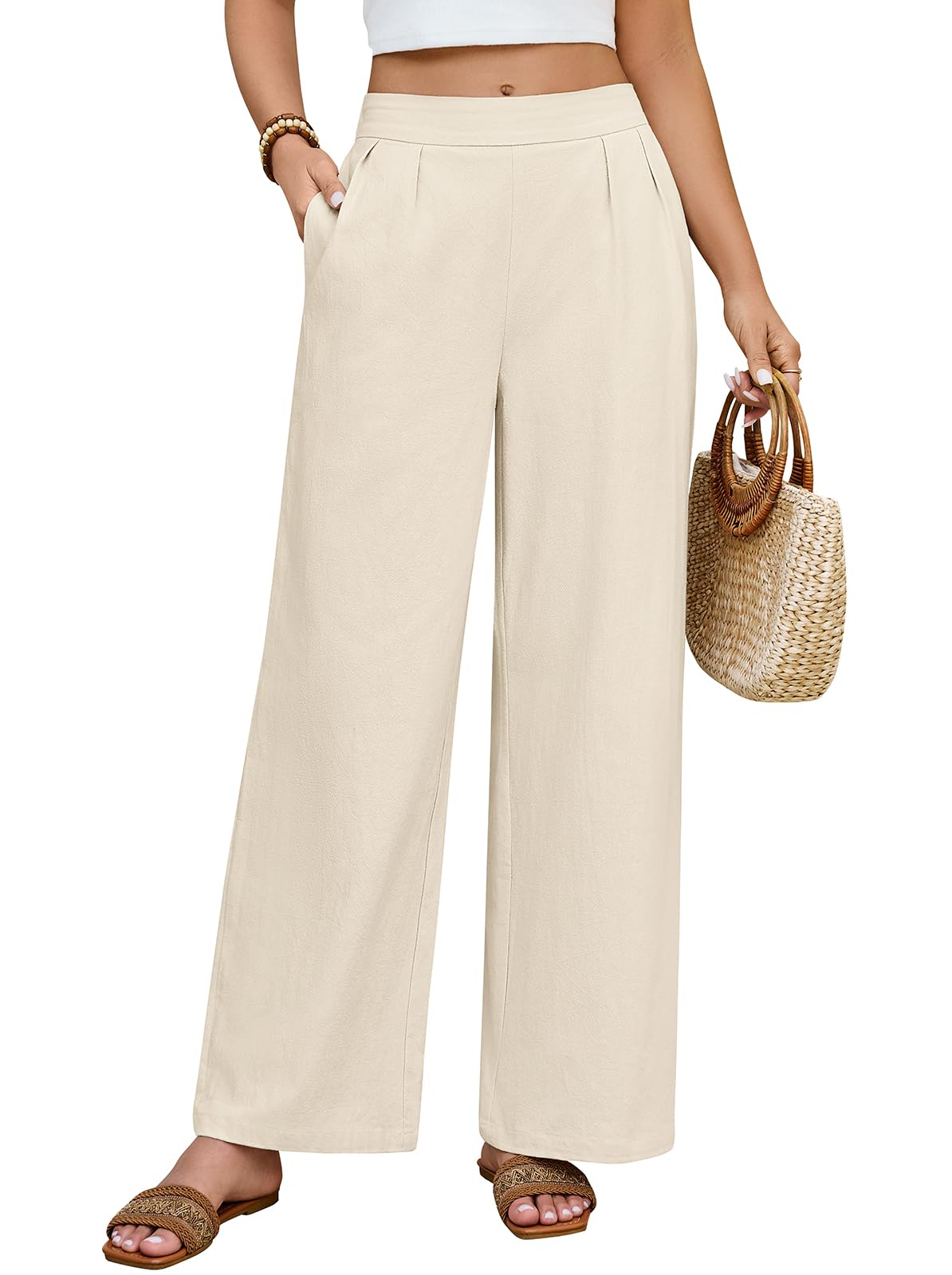 Pantalon Fluide Femme Été Coton Chic Leger Large Taille Elastique Décontractés en Tissu Confortables Plage avec Poche
