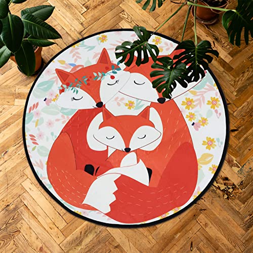 Bvogos 5’Ft Lovely Floral Foxes Large Round Area Rug, Ultra Soft Kids Floor Playing Mat For Bedroom Living Room Baby Room, Non-Skid Lightweight Foam Rugs Home Decor #TOP3