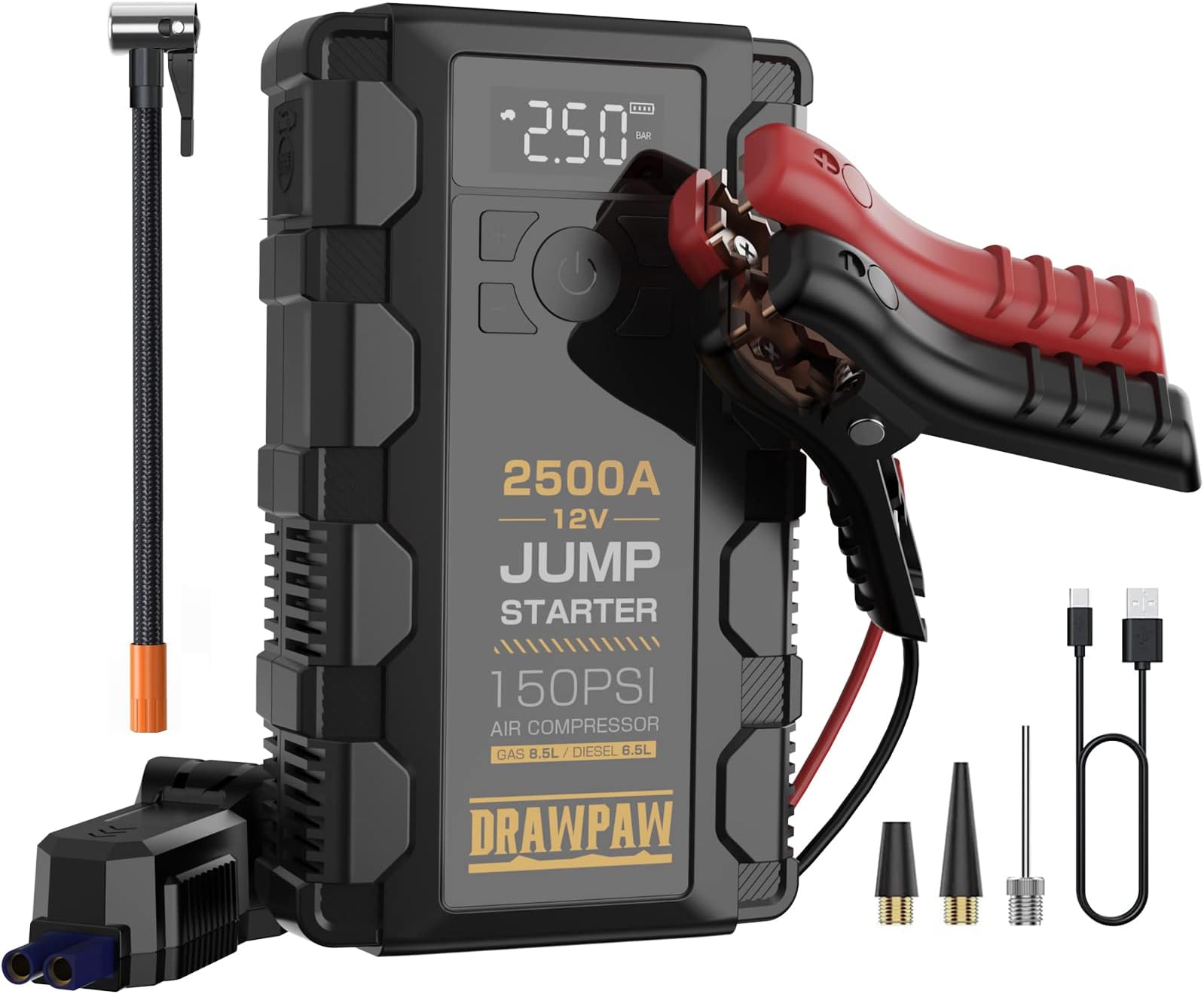 Jump Starter with Air Compressor, 2500A Car Battery Booster Pack with 150PSI Digital Tire Inflator, 12V Auto Jumper Cables Jump Box for Vehicles up 8.5L Gas or 6.5L Diesel