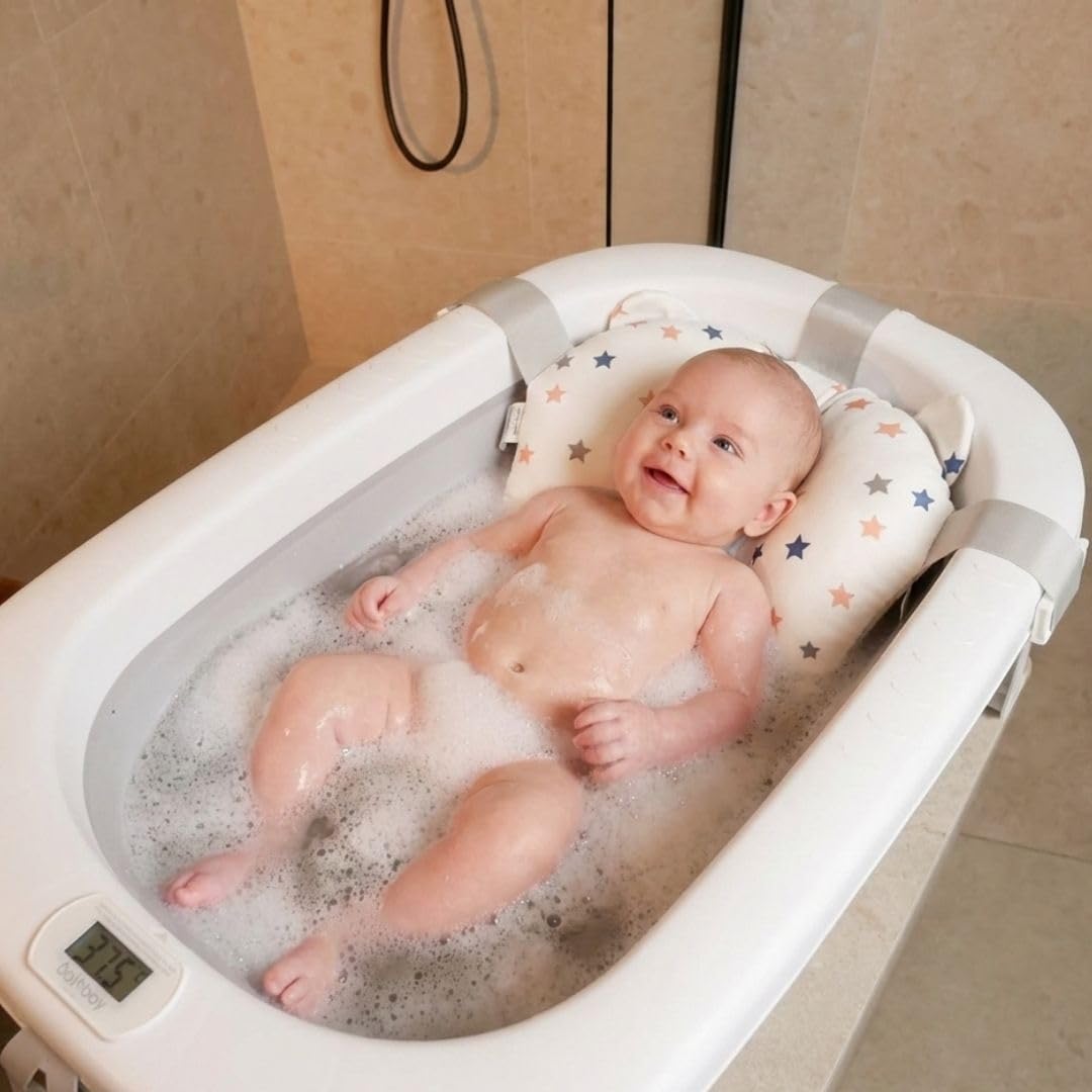 Cojín para Bañera de Bebé Ajustable y Portátil con Malla Antideslizante, Almohada Reductora, Hamaca de Ducha (Blanco)