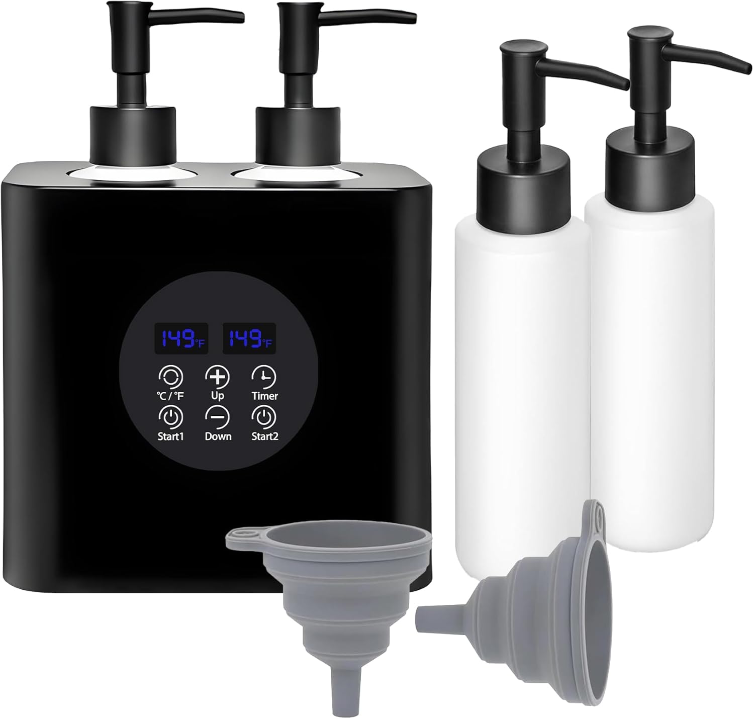 JOSBES Dual Bottle Massage Oil Warmer with 4 Dispensers - Professional Lotion Cream Heater for Salon Spa Home, Fast 86-149°F Thermostat, Black 002