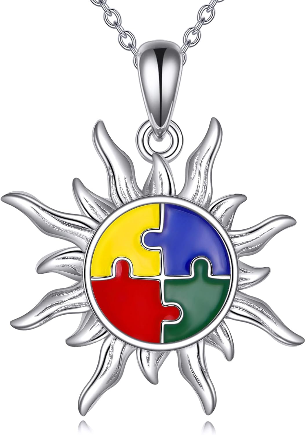 YFN Sterling Silver Autism Awareness Sun Pendant Necklace, 22mm, Puzzle Piece Design