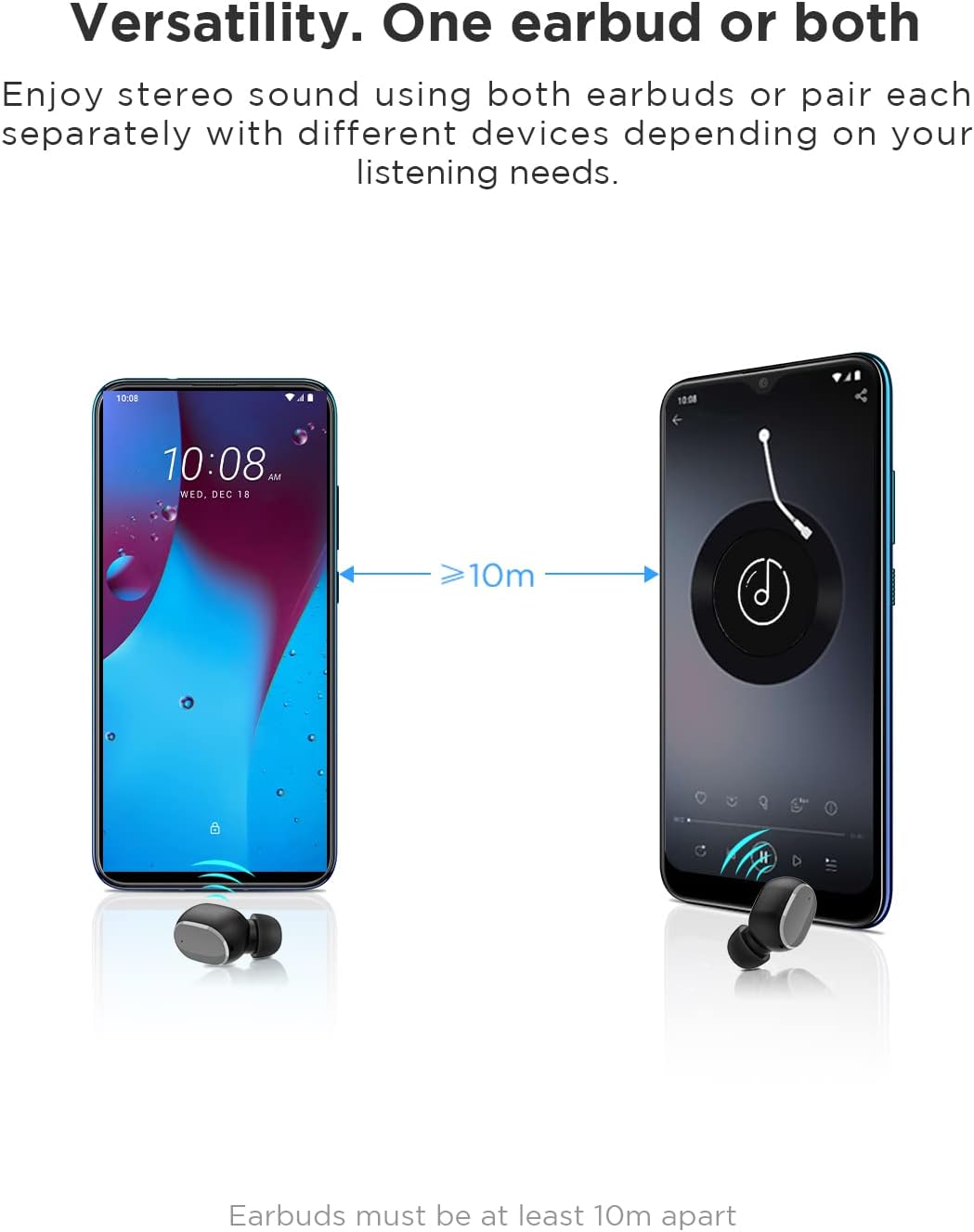 Two smartphones with earbuds showing 10m range