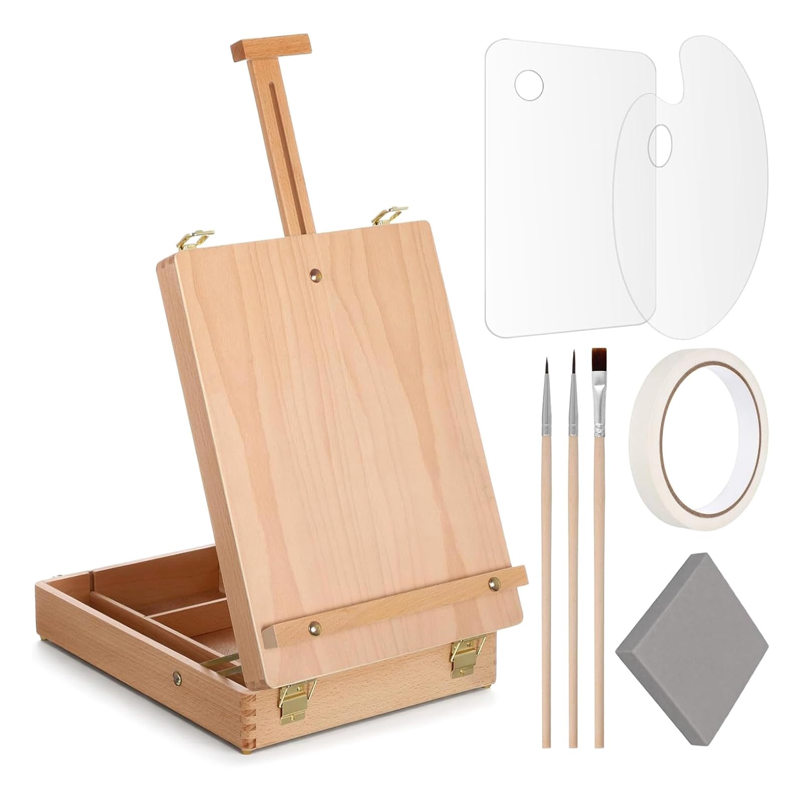 Holz Skizzenkasten, Kunstständer, tragbares Tisch Malset mit verstellbarer Leinwandstütze, geteiltem Stauraum, 2 transparenten Paletten und 3 Pinseln, Desktop Malkasten, faltbarer Kunstständer,