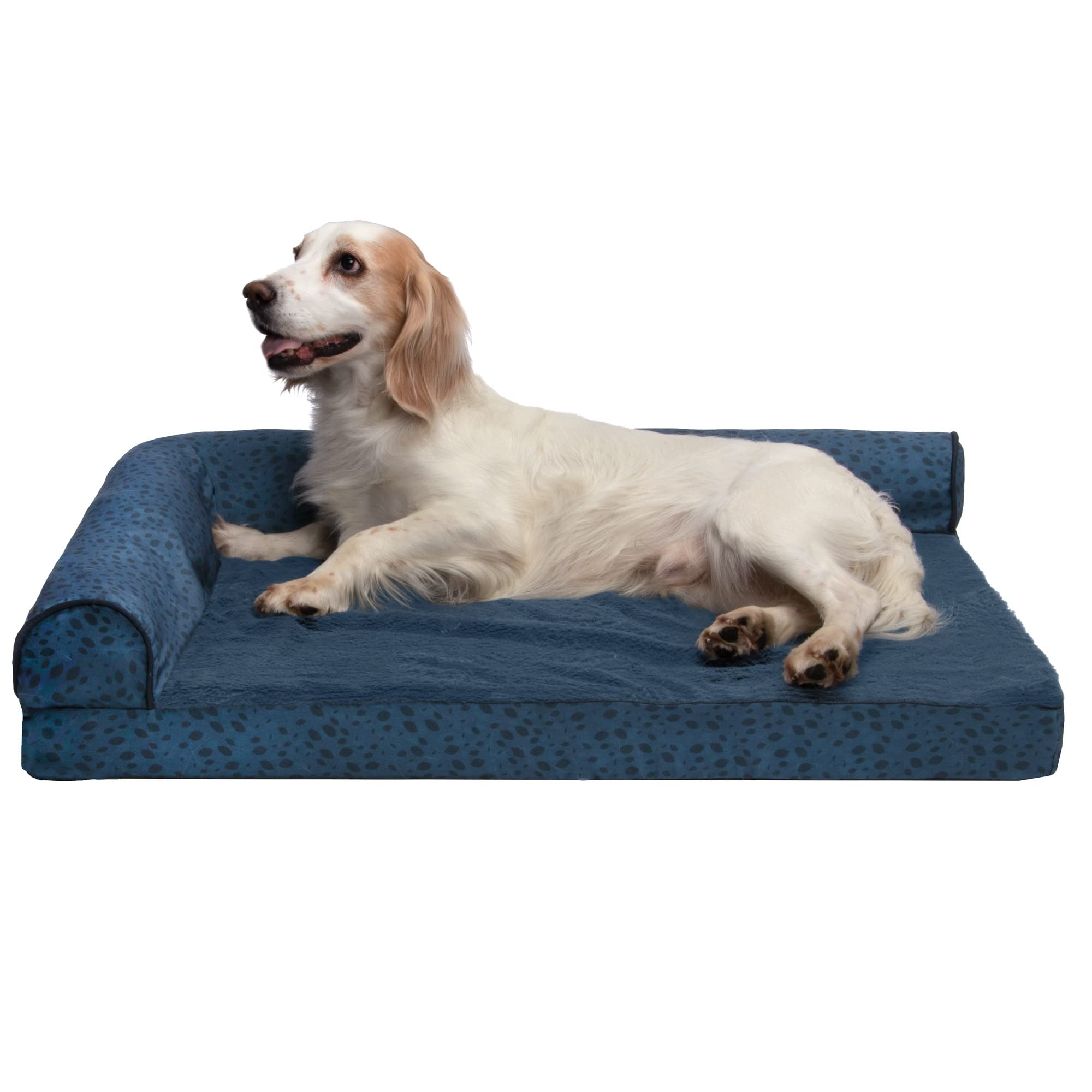 FurHaven Large Memory Foam Dog Bed Plush & Almond Print L Shaped Chaise w/Removable Washable Cover - Blue Almonds, Large — image 1