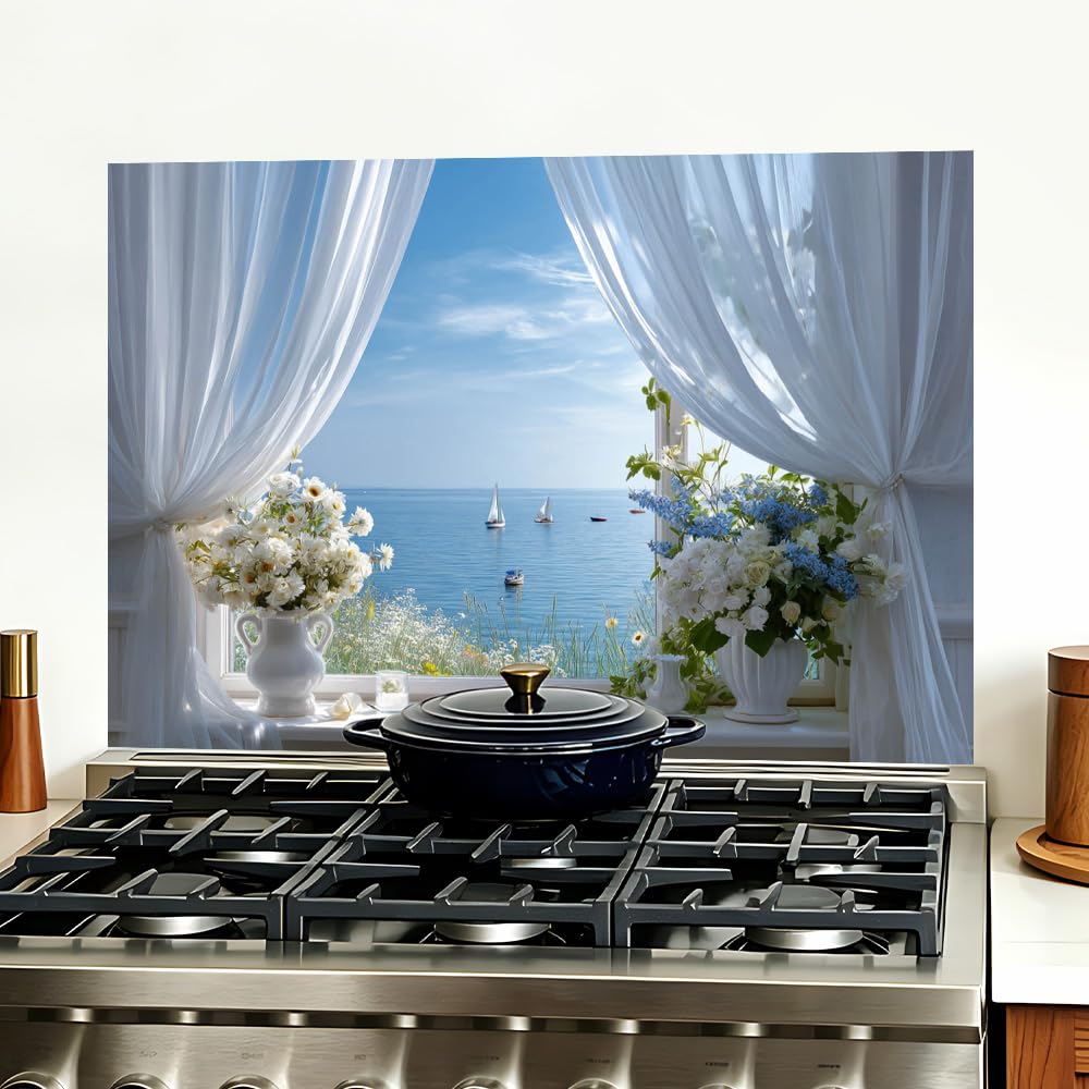 Coastal Sailboat Window Backsplash Peel and Stick, 35.4x23.6 in