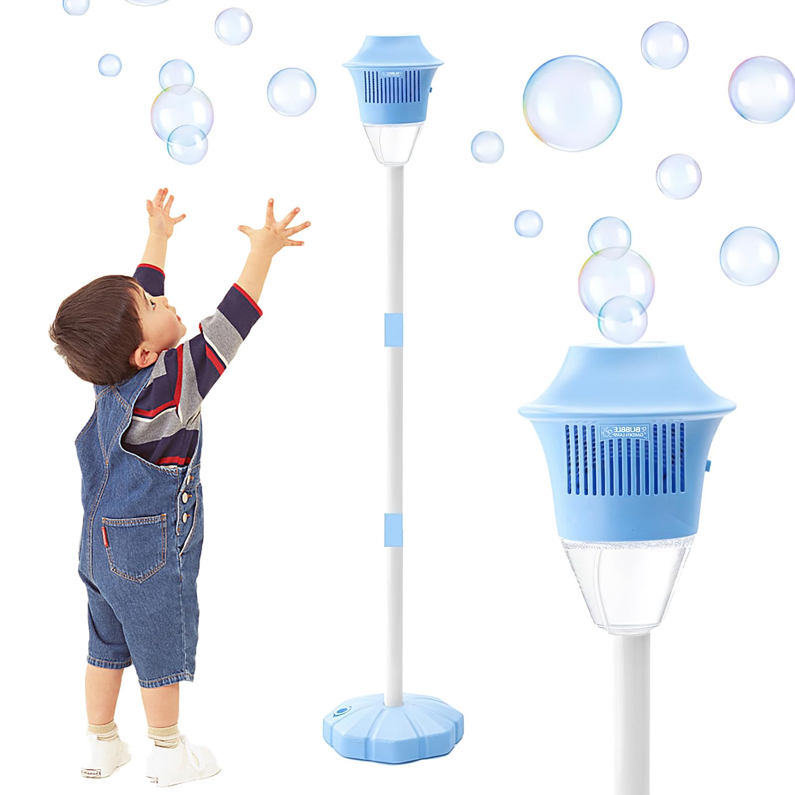 Bubble Maker Stand for Parties,20.5-47in Adjustable Auto Bubble Torch Garden Lamp,USB Rechargeable with Lights and Music,Auto Vertical Bubbles Machine for Wedding Birthday Party (Blue-)